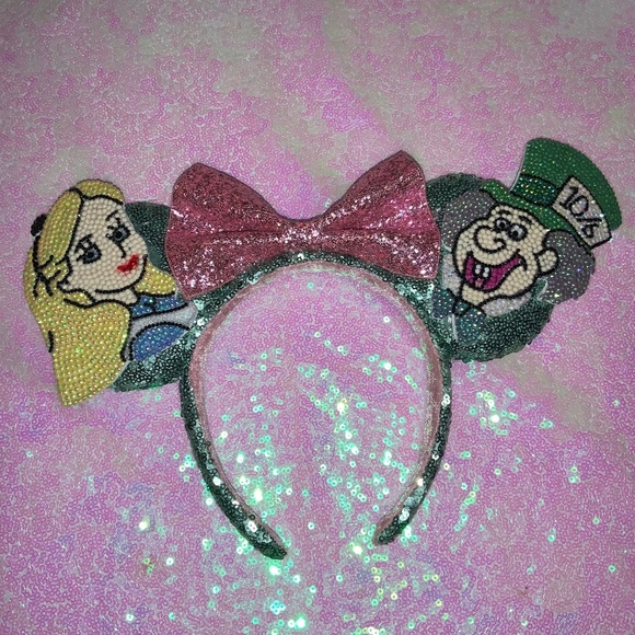 Accessories - Custom Alice In Wonderland Alice & Mad Hatter Rhinestoned Repurposed Mouse Ears